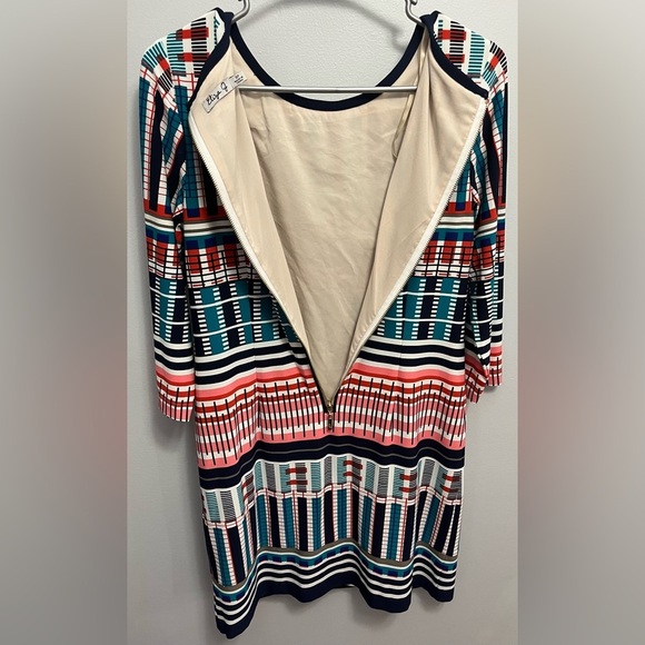 Eliza J Dress Mini Stretch Knit Geometric Print Stripe Crewneck 3/4 Sleeve Sz 6P - Picture 2 of 7